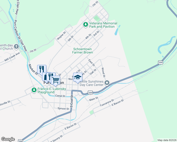 map of restaurants, bars, coffee shops, grocery stores, and more near 402 Valley Street in Port Carbon