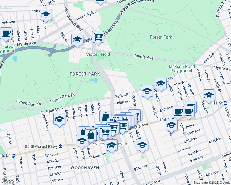 map of restaurants, bars, coffee shops, grocery stores, and more near 8391 Woodhaven Boulevard in Queens
