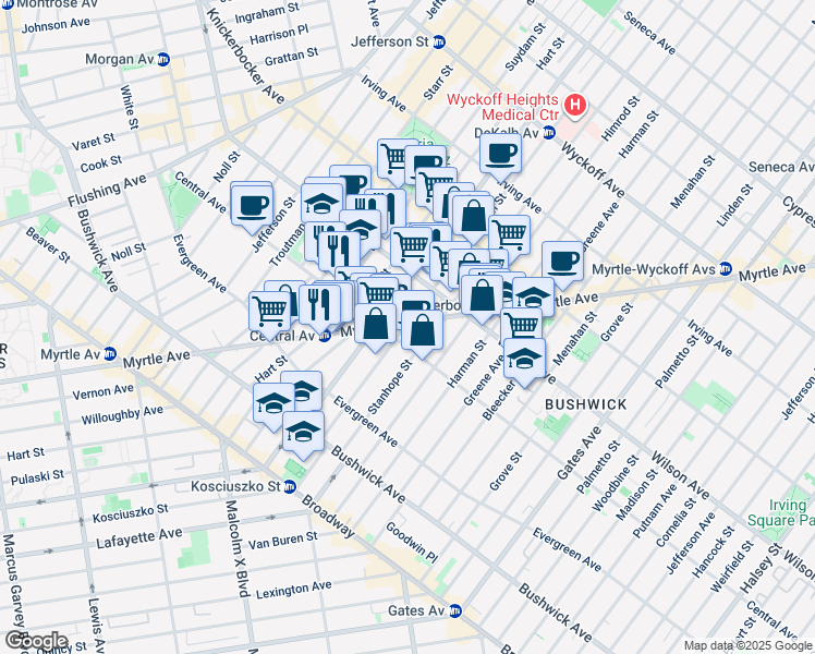 map of restaurants, bars, coffee shops, grocery stores, and more near 124 Stockholm Street in Brooklyn