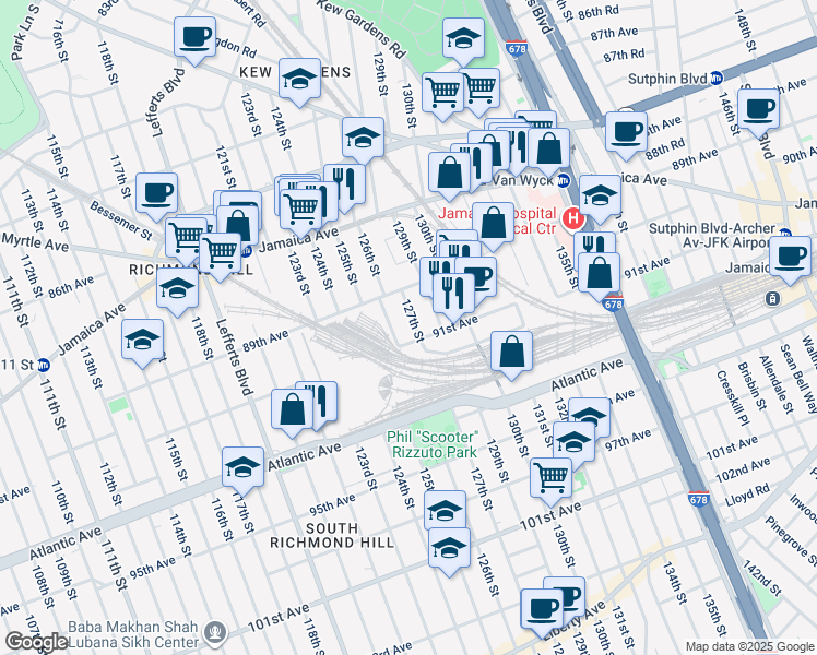 map of restaurants, bars, coffee shops, grocery stores, and more near 89-50 127th Street in Queens