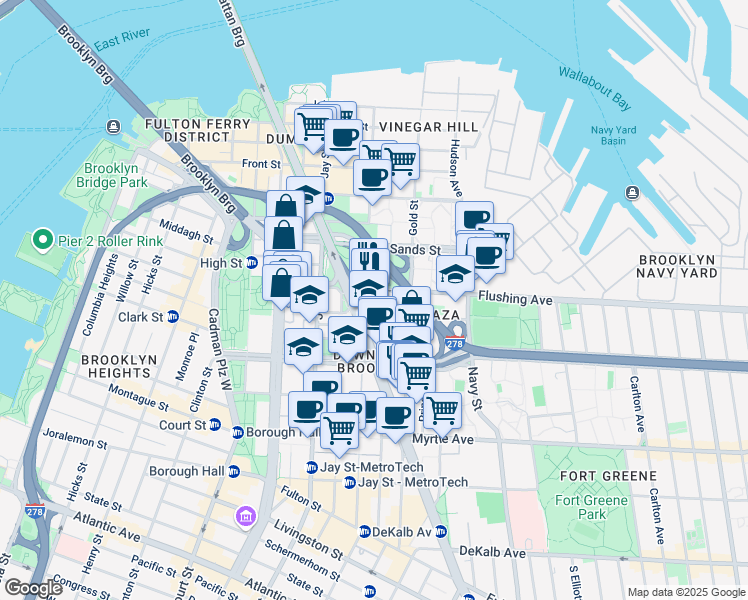 map of restaurants, bars, coffee shops, grocery stores, and more near 189 Bridge Street in Brooklyn