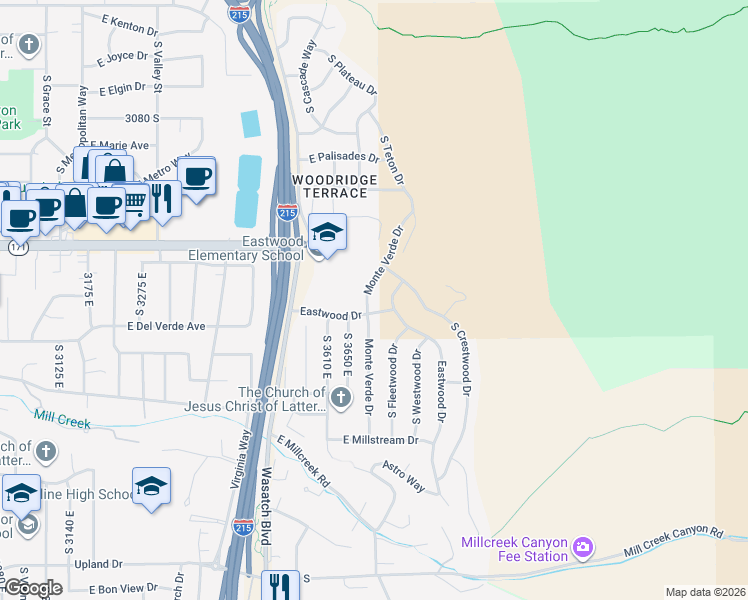 map of restaurants, bars, coffee shops, grocery stores, and more near 3375 Monte Verde Drive in Salt Lake City