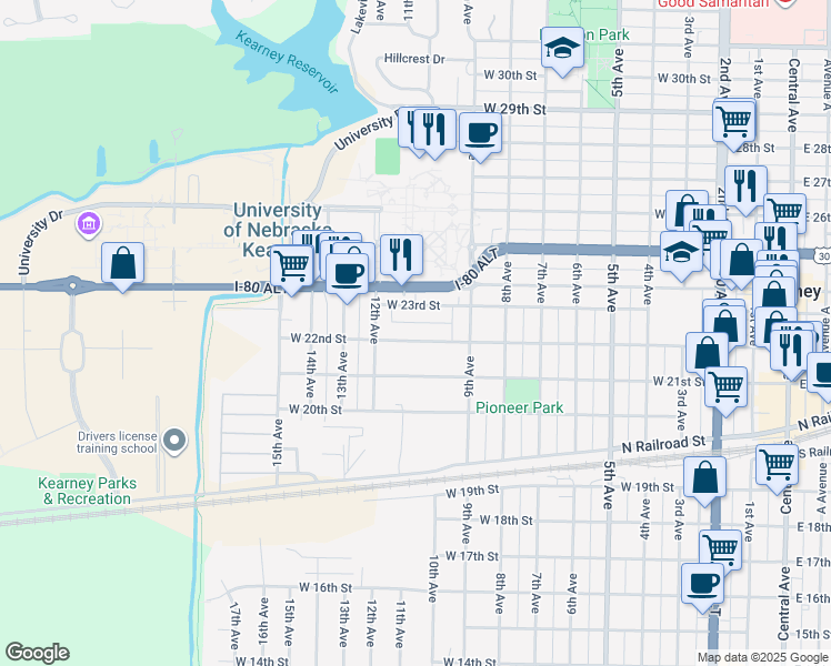 map of restaurants, bars, coffee shops, grocery stores, and more near 1019 West 22nd Street in Kearney