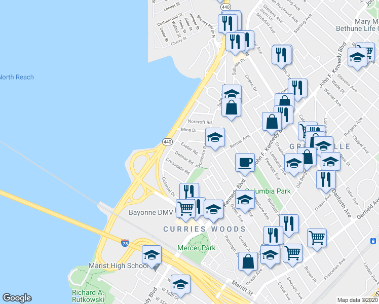 map of restaurants, bars, coffee shops, grocery stores, and more near 19 Exeter Road in Jersey City
