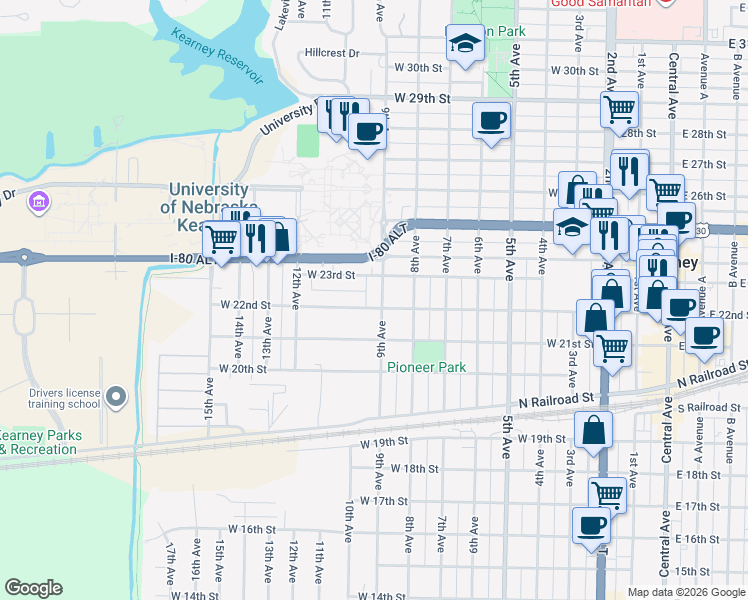 map of restaurants, bars, coffee shops, grocery stores, and more near 903 West 22nd Street in Kearney