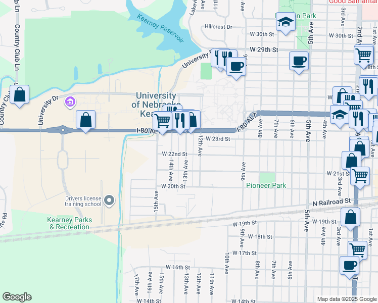map of restaurants, bars, coffee shops, grocery stores, and more near 2203 13th Avenue in Kearney