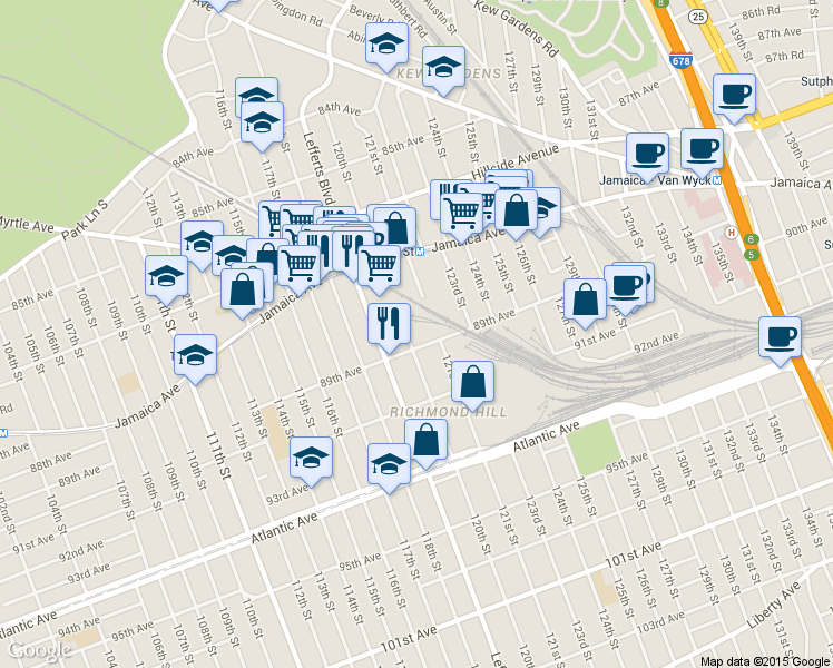 map of restaurants, bars, coffee shops, grocery stores, and more near 87-83 120th Street in Queens