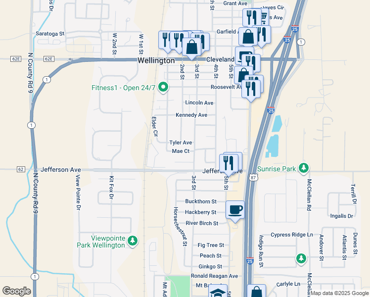 map of restaurants, bars, coffee shops, grocery stores, and more near 3743 Mae Court in Wellington