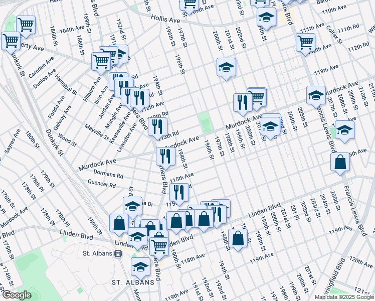 map of restaurants, bars, coffee shops, grocery stores, and more near 13 114th Road in Queens