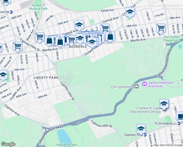 map of restaurants, bars, coffee shops, grocery stores, and more near 7800 Myrtle Avenue in Queens