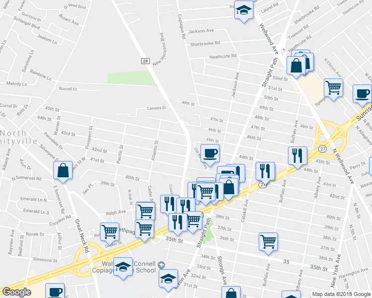 map of restaurants, bars, coffee shops, grocery stores, and more near 466 44th Street in Copiague