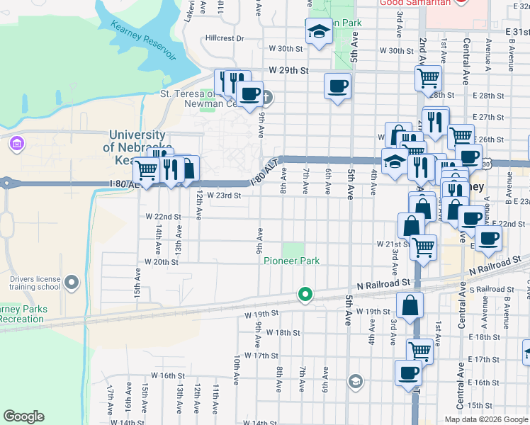 map of restaurants, bars, coffee shops, grocery stores, and more near 809 West 22nd Street in Kearney