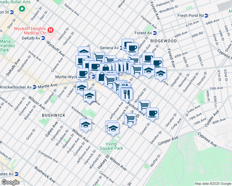 map of restaurants, bars, coffee shops, grocery stores, and more near 8-3 Wyckoff Avenue in Queens