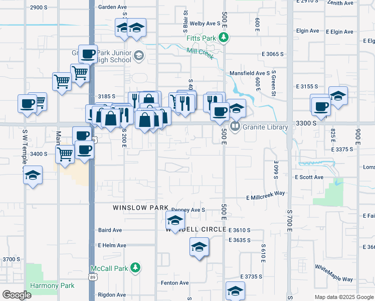 map of restaurants, bars, coffee shops, grocery stores, and more near 373 East Newsome Park Lane in South Salt Lake