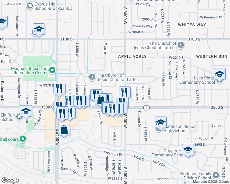 map of restaurants, bars, coffee shops, grocery stores, and more near 8035 Copperfield Place in Magna
