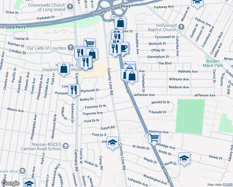 map of restaurants, bars, coffee shops, grocery stores, and more near 1 Bailey Drive in Massapequa