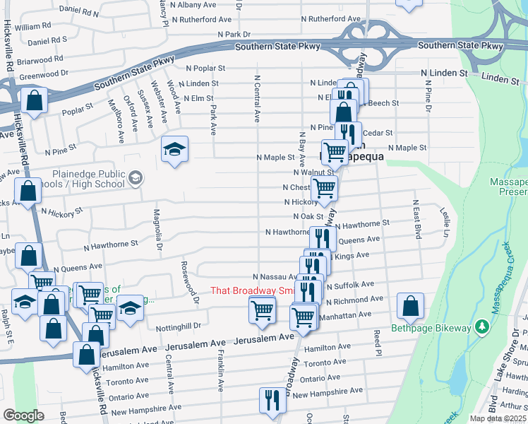 map of restaurants, bars, coffee shops, grocery stores, and more near 223 North Oak Street in Massapequa