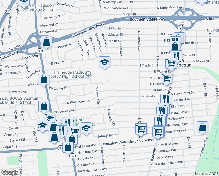 map of restaurants, bars, coffee shops, grocery stores, and more near 269 North Oak Street in Massapequa