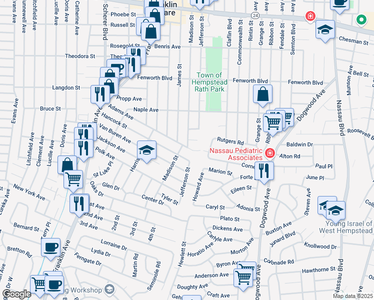 map of restaurants, bars, coffee shops, grocery stores, and more near 895 Adams Avenue in Franklin Square