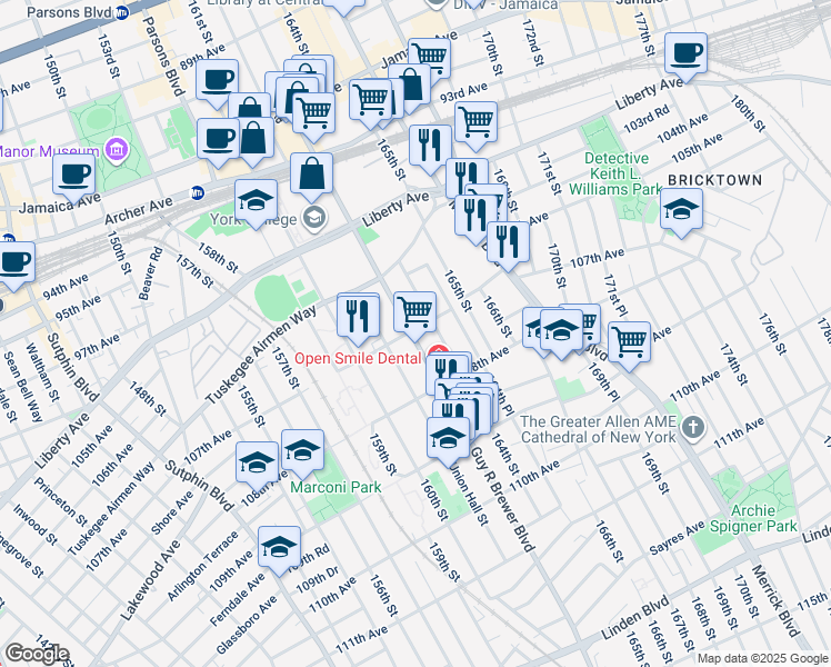 map of restaurants, bars, coffee shops, grocery stores, and more near in Queens