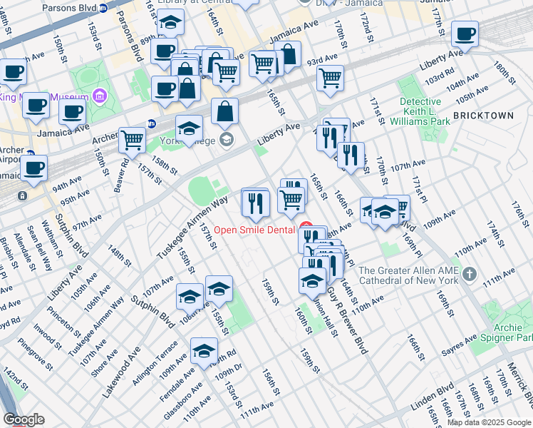 map of restaurants, bars, coffee shops, grocery stores, and more near 106-44 Union Hall Street in Queens