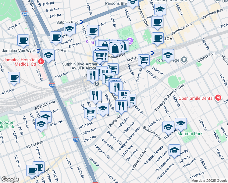 map of restaurants, bars, coffee shops, grocery stores, and more near 95-17 Sutphin Boulevard in Queens