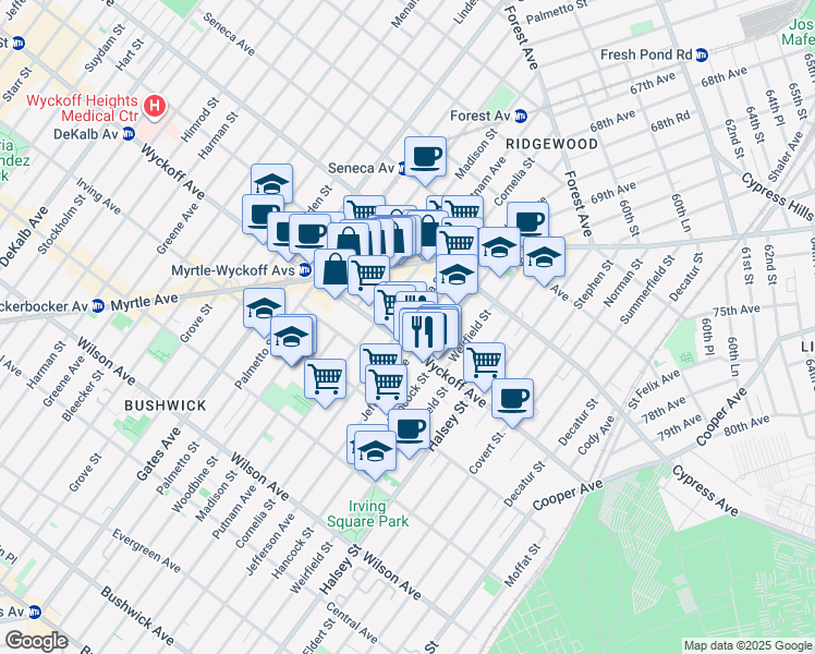 map of restaurants, bars, coffee shops, grocery stores, and more near in Queens