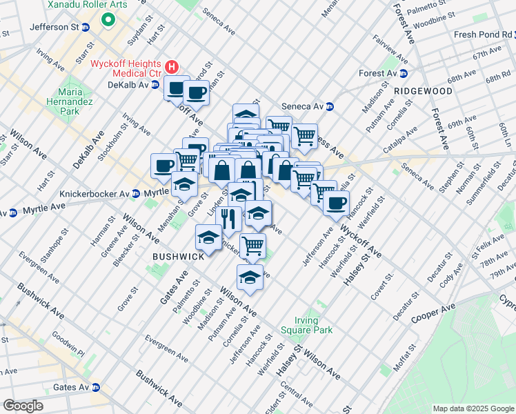 map of restaurants, bars, coffee shops, grocery stores, and more near 351 Irving Avenue in Brooklyn