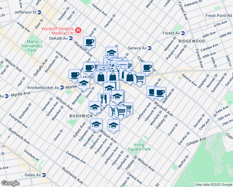map of restaurants, bars, coffee shops, grocery stores, and more near 351 Irving Avenue in Brooklyn
