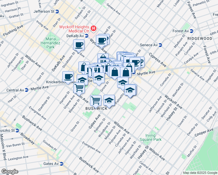 map of restaurants, bars, coffee shops, grocery stores, and more near 288 Grove Street in Brooklyn