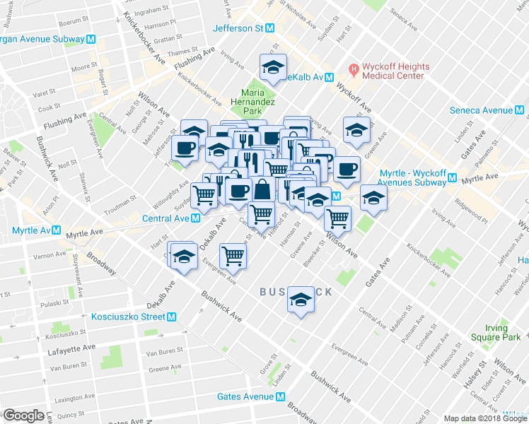 map of restaurants, bars, coffee shops, grocery stores, and more near 132A Stanhope Street in Brooklyn