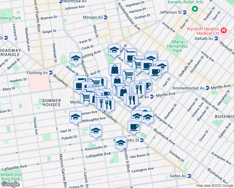 map of restaurants, bars, coffee shops, grocery stores, and more near 42 1/2 Troutman Street in Brooklyn