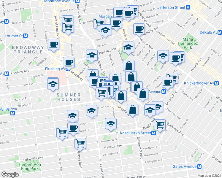 map of restaurants, bars, coffee shops, grocery stores, and more near 34 Melrose Street in Brooklyn