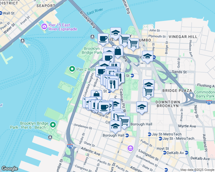 map of restaurants, bars, coffee shops, grocery stores, and more near 80 Clark Street in Brooklyn