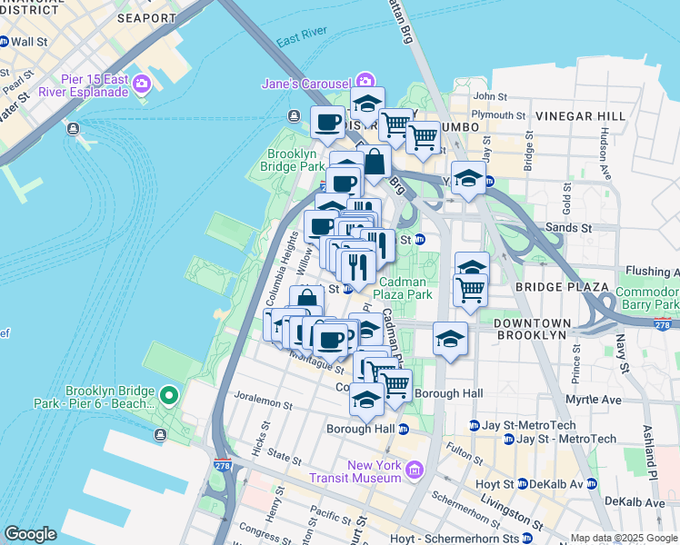 map of restaurants, bars, coffee shops, grocery stores, and more near 80 Clark Street in Brooklyn