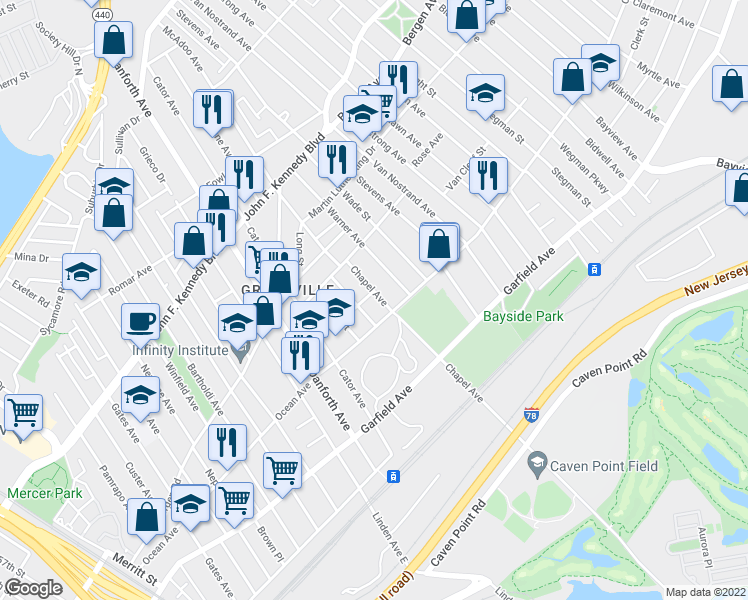 map of restaurants, bars, coffee shops, grocery stores, and more near 271 Chapel Avenue in Jersey City