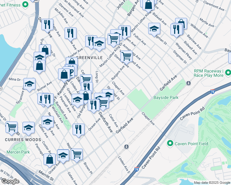 map of restaurants, bars, coffee shops, grocery stores, and more near 33 Sheffield Street in Jersey City