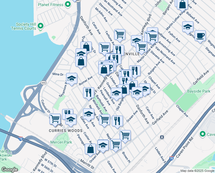 map of restaurants, bars, coffee shops, grocery stores, and more near 65 Greenville Avenue in Jersey City