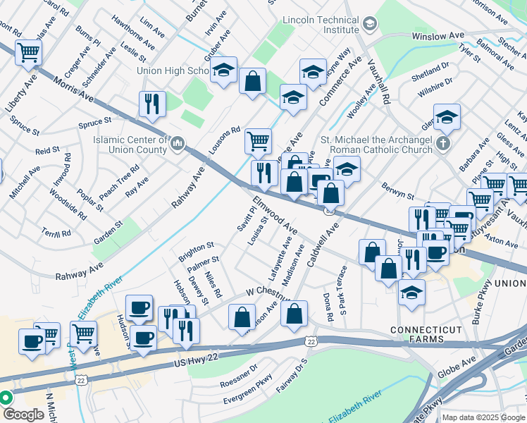 map of restaurants, bars, coffee shops, grocery stores, and more near 944 Louisa Street in Union