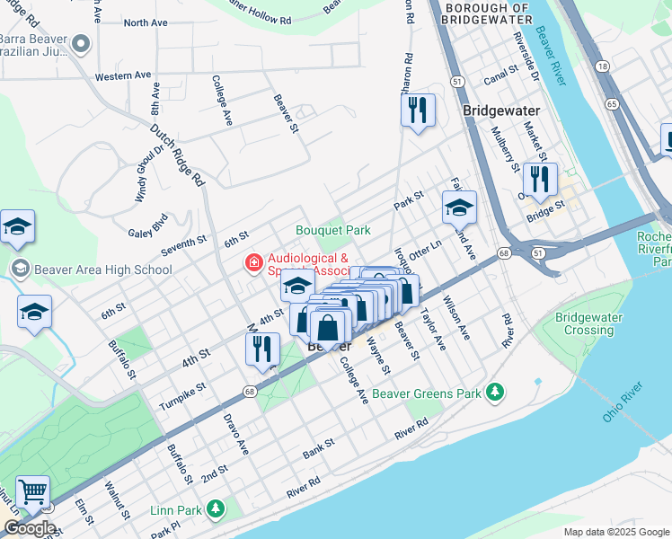 map of restaurants, bars, coffee shops, grocery stores, and more near 446 4th Street in Beaver