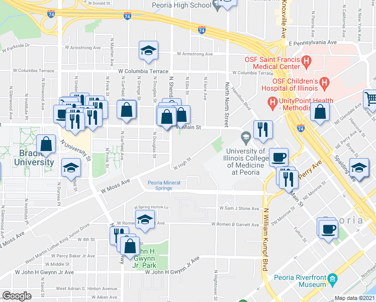 map of restaurants, bars, coffee shops, grocery stores, and more near 525 West High Street in Peoria