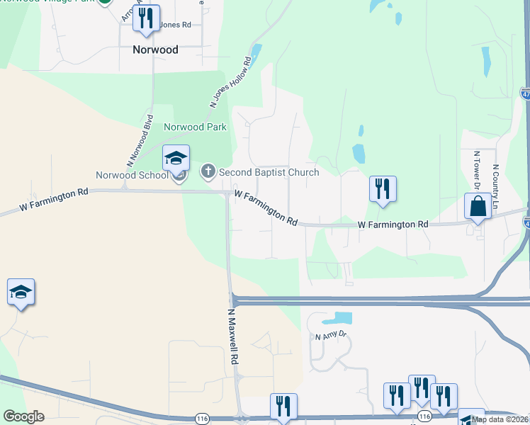 map of restaurants, bars, coffee shops, grocery stores, and more near 6300 West Farmington Road in Peoria