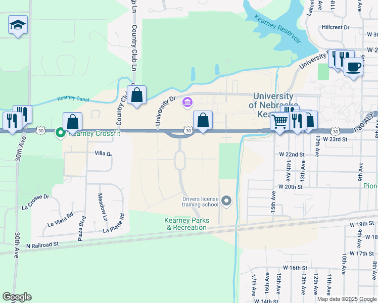 map of restaurants, bars, coffee shops, grocery stores, and more near 2201 University Drive in Kearney