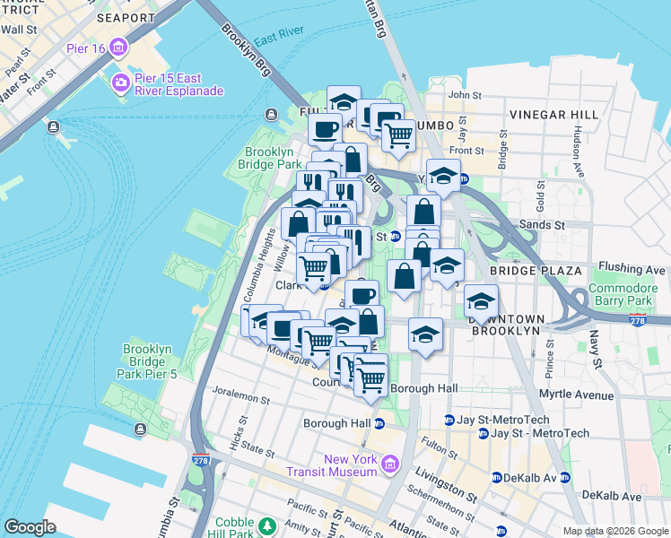 map of restaurants, bars, coffee shops, grocery stores, and more near Henry St & Pineapple St in Brooklyn