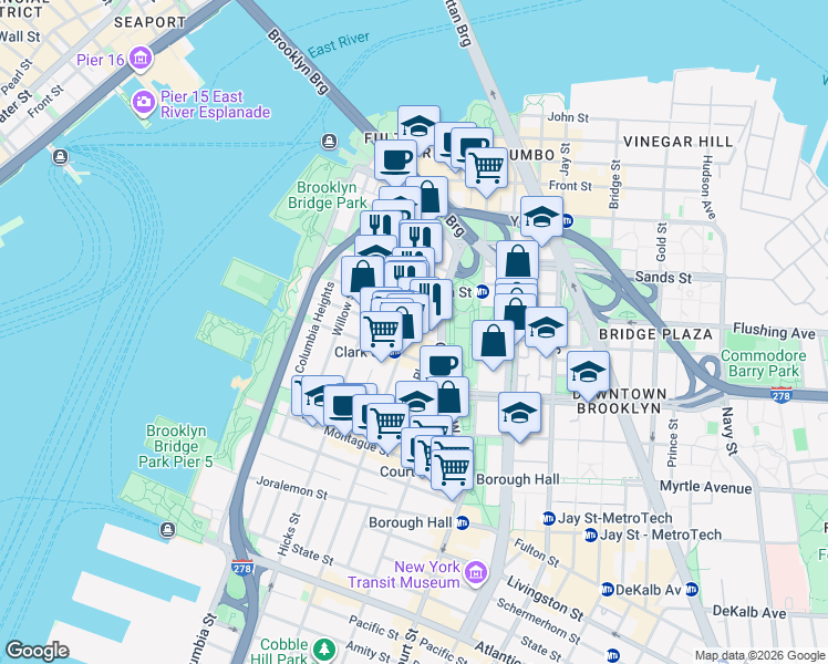 map of restaurants, bars, coffee shops, grocery stores, and more near 79 Pineapple Street in Brooklyn