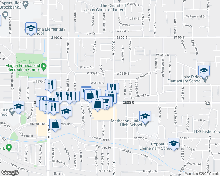 map of restaurants, bars, coffee shops, grocery stores, and more near 8035 Copperfield Place in Magna