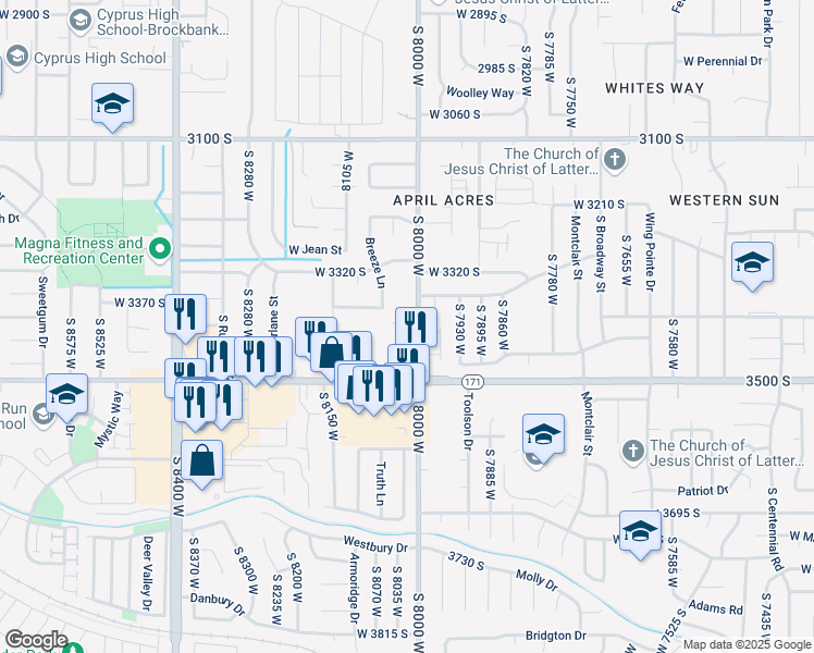 map of restaurants, bars, coffee shops, grocery stores, and more near 8035 Copperfield Place in Magna