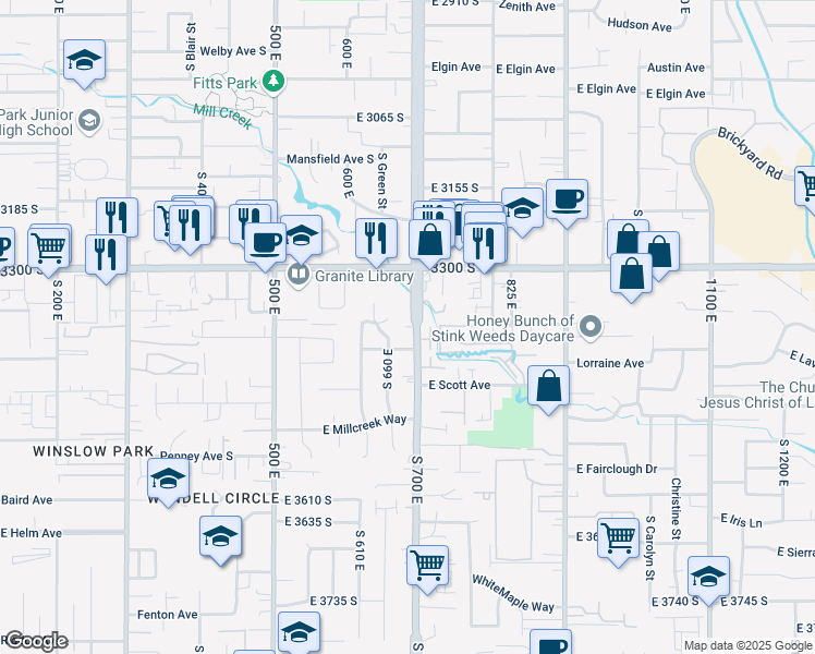 map of restaurants, bars, coffee shops, grocery stores, and more near 3368 South 700 East in Millcreek