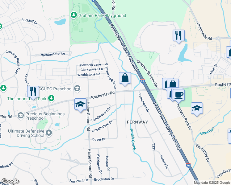 map of restaurants, bars, coffee shops, grocery stores, and more near 0 Dover Drive in Cranberry Township