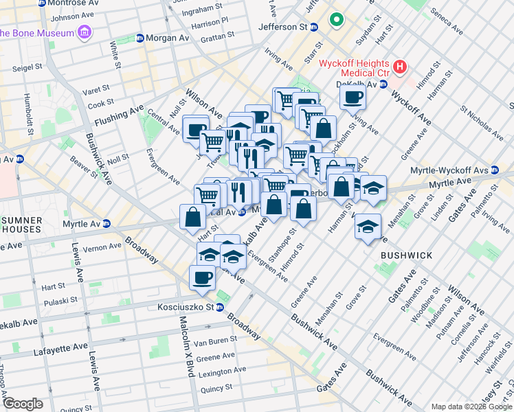 map of restaurants, bars, coffee shops, grocery stores, and more near in Brooklyn